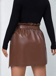 Flirla Plus Paperbag Waist Belted PU Leather Skirt - Brown - View 2
