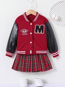 SHEIN 女小童字母貼布條紋飾邊學院風夾克&蘇格蘭格紋百褶半身裙 - 紅色 - 查看 8