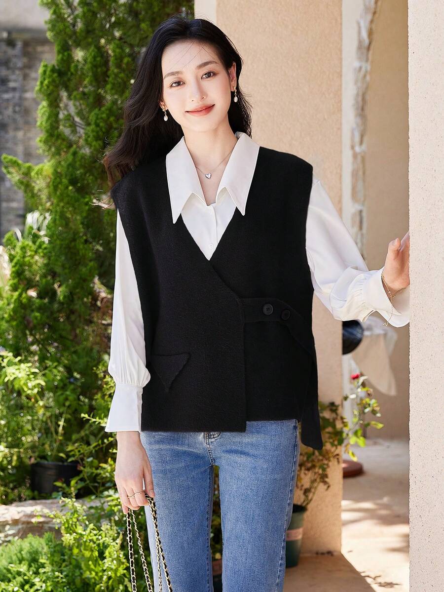Autumn New Arrival Casual Loose V-neck 2 Buttons Design Fashionable Knitted Vest For Daily Wear, Work And Leisure, Small Quantity - Black - View 1