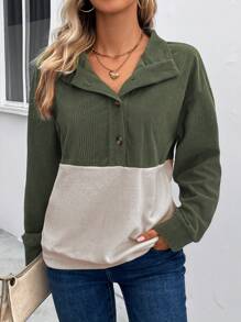 SHEIN LUNE 雙色半排扣落肩袖運動衫 - 軍綠色 - 查看 6