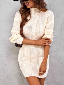 SHEIN Clasi Mock Neck Drop Shoulder Sweater Dress Fall Cloth For Women - Apricot - View 5