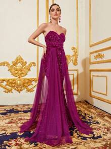 Contrast Sequin Mesh Panel Tube Formal Dress - Hot Pink - View 1