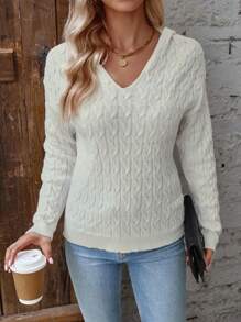 SHEIN LUNE Cable Knit Drop Shoulder Hooded Sweater Knit Pullover Fall Winter Outfit