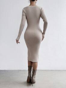 Chiquease Vestido de punto tejido de canalé de muslo con abertura - Albaricoque - Ver 2