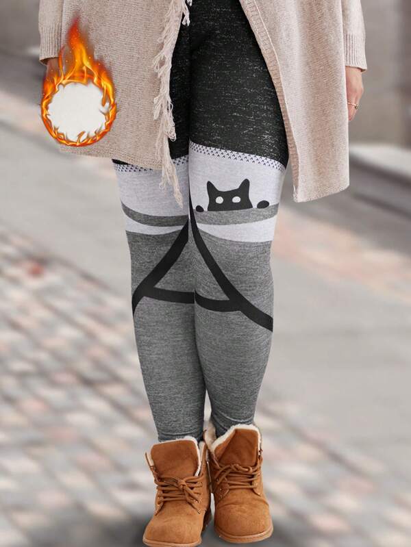 EMERY ROSE Plus Size Women's Thickened Cat Print Casual Leggings