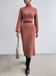 SHEIN Essnce High Neck Woolen Dress With Dropped Shoulder Sleeves - Dusty Pink - View 1