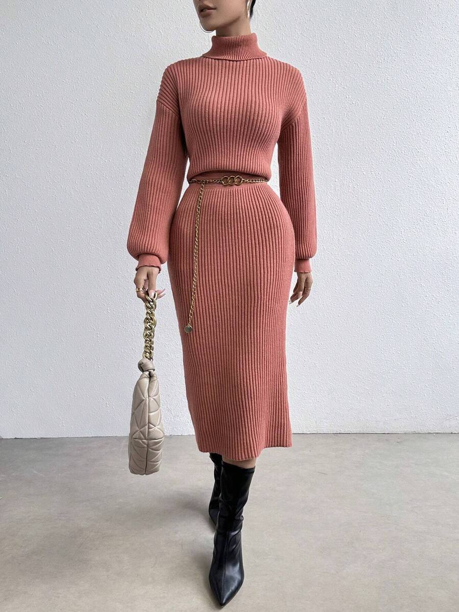 SHEIN Essnce High Neck Woolen Dress With Dropped Shoulder Sleeves - Dusty Pink - View 1