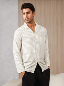 Men Striped Print Pocket Patched Sleep Top - Beige - View 3