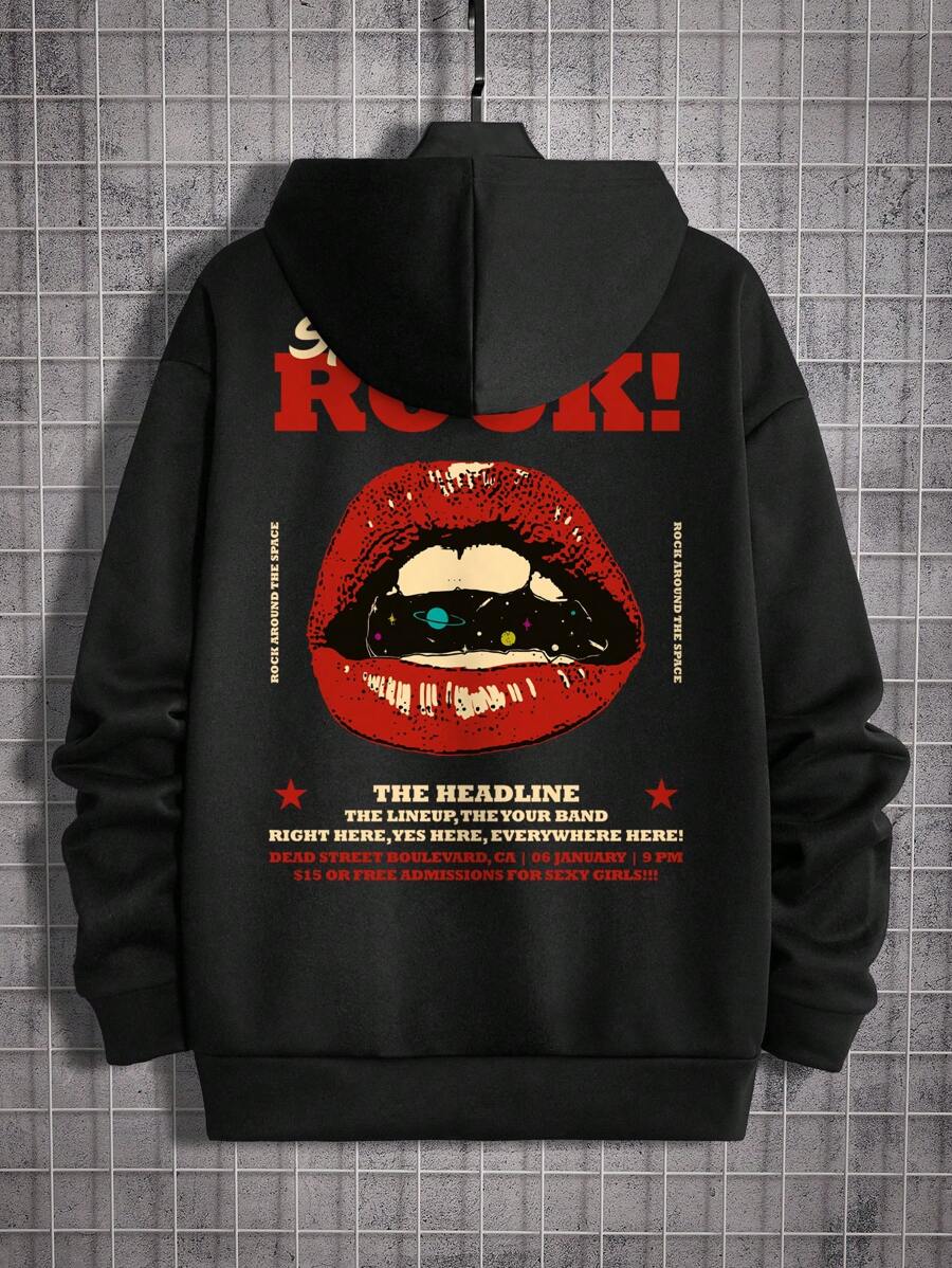 Manfinity RebelGame 超宽松男式标语图案落肩连帽衫 - 黑色 - 查看 1