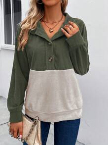 SHEIN LUNE 雙色半排扣落肩袖運動衫 - 軍綠色 - 查看 7