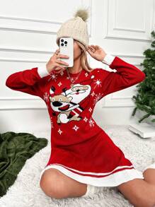 RueChic Christmas Pattern Colorblock Sweater Dress - Red - View 1