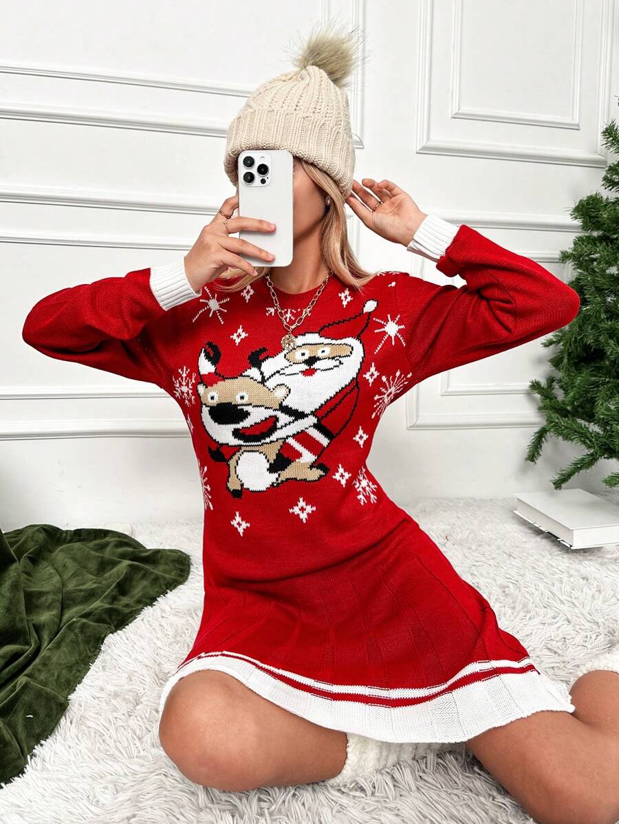 RueChic Christmas Pattern Colorblock Sweater Dress - Red - View 1