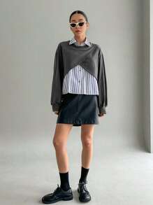 Dazy Star Solid Wrap Front Drop Shoulder Crop Sweatshirt Without Shirt