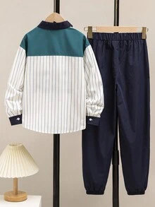 SHEIN Cậu bé Tween In sọc Túi có nắp Áo sơ mi & Quần Without Tee - Màu xanh lam - Xem 2