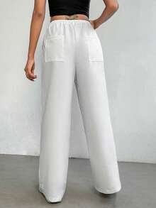 SHEIN Essnce 素色腰部抽繩斜口袋闊腿褲 - 白色 - 查看 2