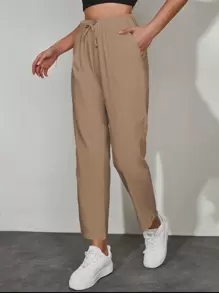 RueChic Solid Drawstring Waist Slant Pocket Pants - Apricot - View 4