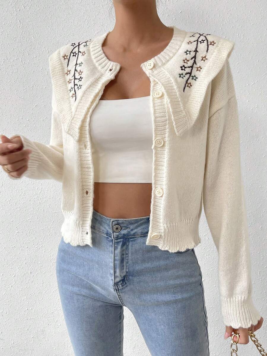 SHEIN Essnce Floral Embroidery Statement Collar Drop Shoulder Cardigan - White - View 1