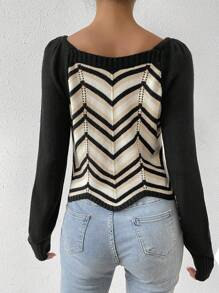 SHEIN LUNE Chevron Pattern Raglan Sleeve Scallop Trim Sweater - Black - View 2
