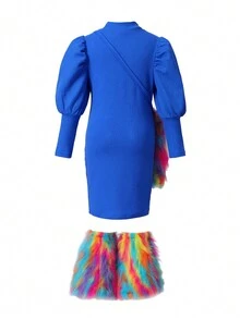 Cô Gái Trẻ Cổ giả Tay áo 	
Fuzzy Bảng Đầm Có túi - Màu xanh lam - Xem 2