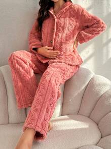 SHEIN Thai sản Thả vai Flannel Áo & Vòng eo có thể điều chỉnh Quần Bộ giản dị - Bụi hồng - Xem 3