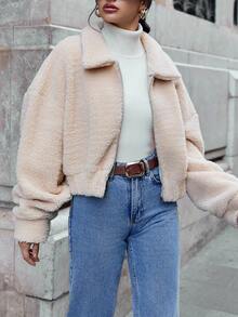 EURMUSE Women's Teddy Fleece Drop Shoulder Zipper Front Jacket - Beige - View 3