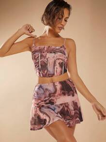 L'Amorae Marble Print Top & Flare Skirt Two Piece Set