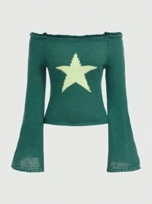 ROMWE Grunge Punk Star Pattern Bell Sleeve Sweater - Army Green - View 1