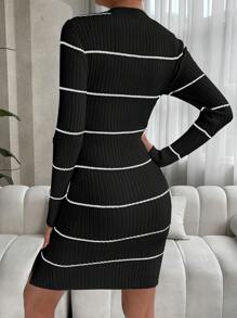 Chiquease Mẫu sọc Viền chia cắt Đầm Áo len - màu đen - Xem 2