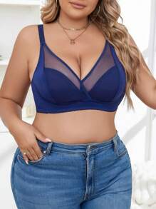 Plus Contrast Mesh Bralette - Navy Blue - View 1