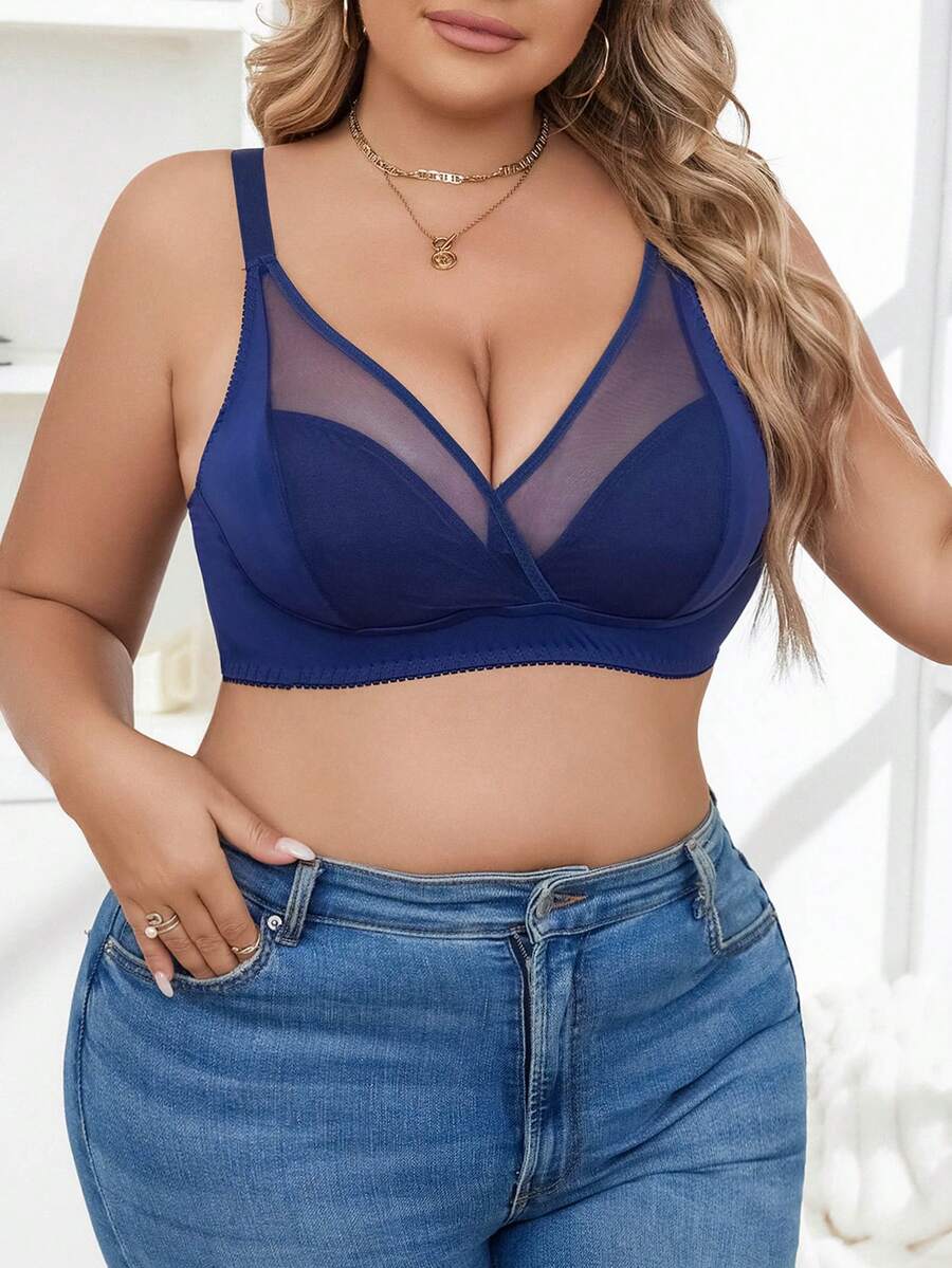 Plus Contrast Mesh Bralette - Navy Blue - View 1