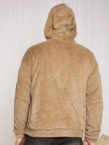 Manfinity VCAY Loose Fit Men's Zip Up Drawstring Hooded Teddy Jacket - Khaki - View 2