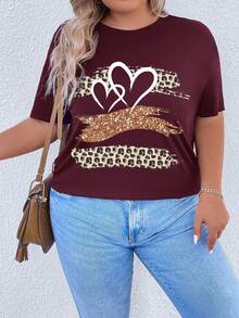 SHEIN EZwear Hơn In trái tim & Da báo Áo thun - Màu Đỏ Sâu - Xem 6