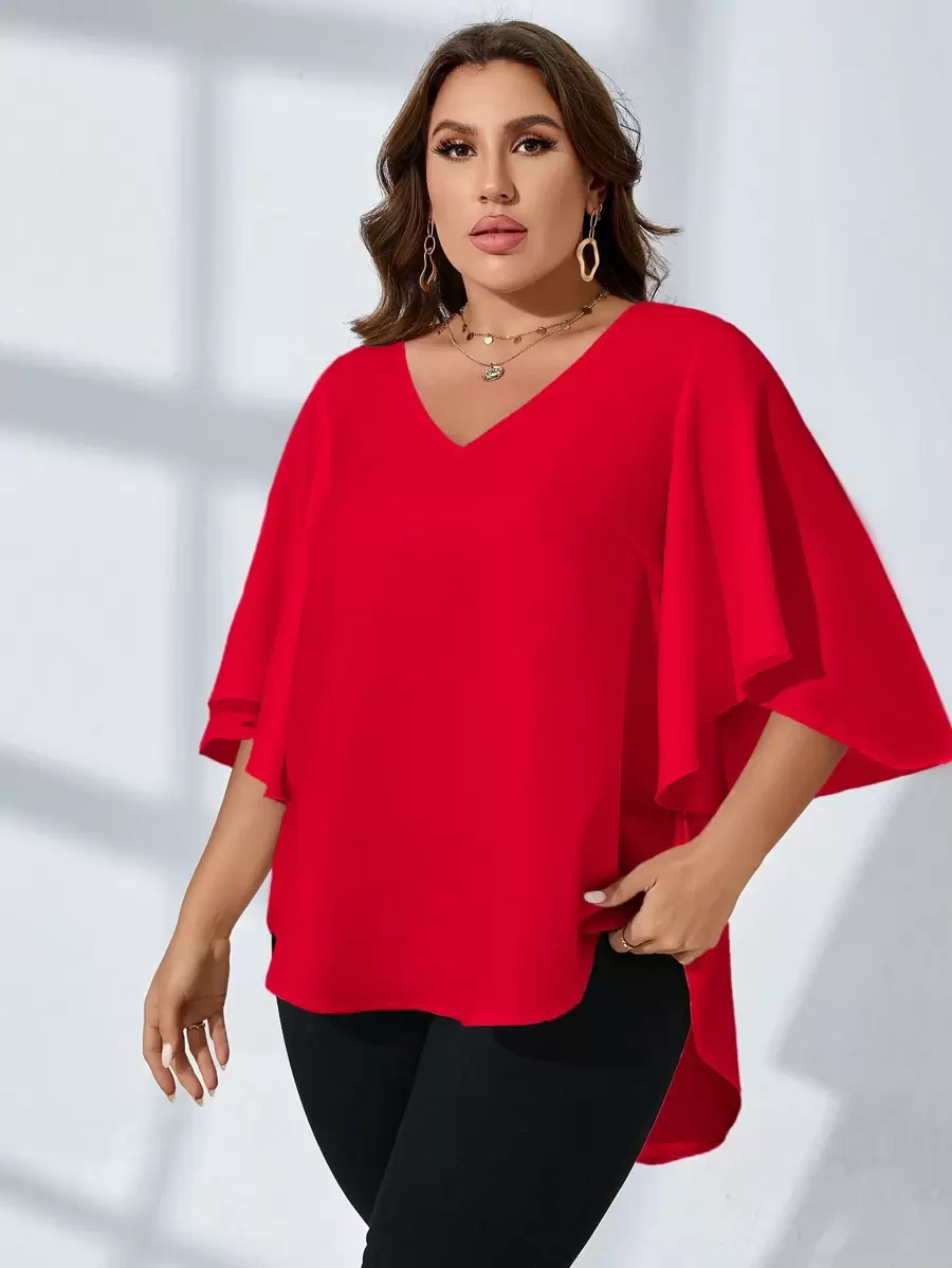 SHEIN Clasi 大碼素色V領蝴蝶袖襯衫 - 紅色 - 查看 1
