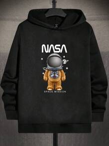 GENTILAND 男士熊和字母圖案連帽衫 - 黑色 - 查看 1