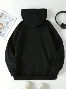 Tween Girls' Cartoon Flower Pattern Smile Letter Print Pullover Hoodie, Children's Outdoor Sports Sweatshirt For Fall/Winter - Black - View 2