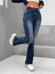 SHEIN PETITE 斜口袋牛仔喇叭褲 - 深色水洗藍 - 查看 3