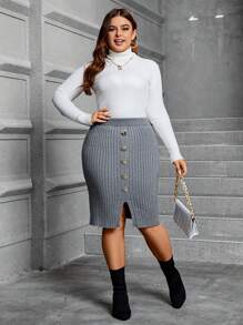 SHEIN Clasi Plus Button Detail Split Hem Sweater Skirt