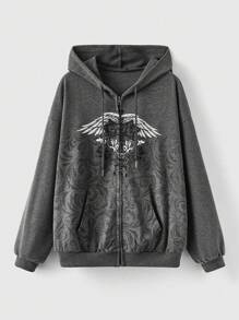 ROMWE Fairycore Có cánh In Dây rút Hoodie - Xám - Xem 1