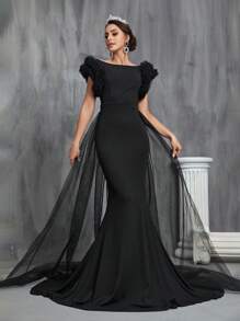 Ruffle Trim Floor Length Wedding Dress - Black - View 3