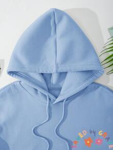 SHEIN EZwear Của phụ nữ áo có mũ Lông cừu Áo nỉ Với In Khẩu hiệu Và Dây rút Khép kín - Màu xanh nhạt - Xem 5