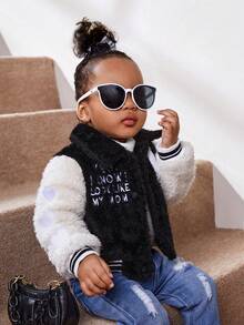 SHEIN 嬰幼兒女休閒刺繡與拼接絨面棒球夾克外套 - 黑色 - 查看 4