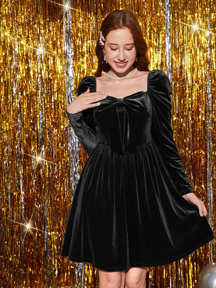 Teen Girl Sweetheart Neck Gigot Sleeve Velvet Dress