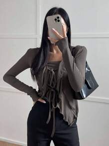 DAZY Top de tirantes sólido y chaqueta con volantes y lazo delantero, conjunto de dos piezas para mujer, conjunto de ropa de estar en casa para mujeres - Gris - Ver 4