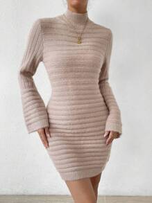 SHEIN Clasi High Neck Flounce Sleeve Bodycon Sweater Dress
