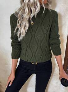 SHEIN LUNE Jersey unicolor de punto de malla - Verde militar - Ver 1