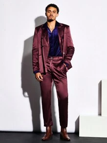 GENTILAND 男士1件尖領雙排扣緞面西裝外套和1條西裝長褲套裝 - 酒紅色 - 查看 1