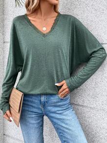 SHEIN Frenchy Viền Lace tương phản tay cánh Áo thun - màu xanh lá - Xem 1