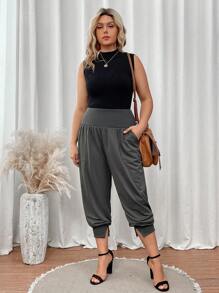 SHEIN LUNE 加大尺碼高腰劈口鬆緊袖口運動長褲 - 軍綠色 - 查看 5