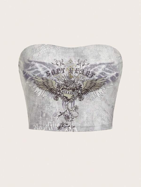 SHEIN EZwear Top Angel Bandeau Corto Desgastado Con Patrón De Monograma