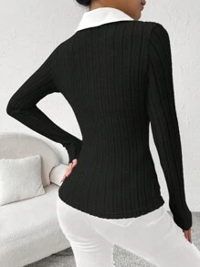 SHEIN ChicEase 撞色领罗纹针织 T 恤 图案 T 恤 女式上衣 - 黑色 - 查看 2